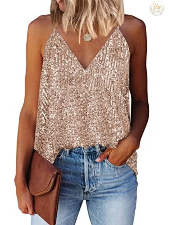 Tops - Sequined V-Neck Tank Top Sleeveless Racerback Cami Blouse Sparkle Party